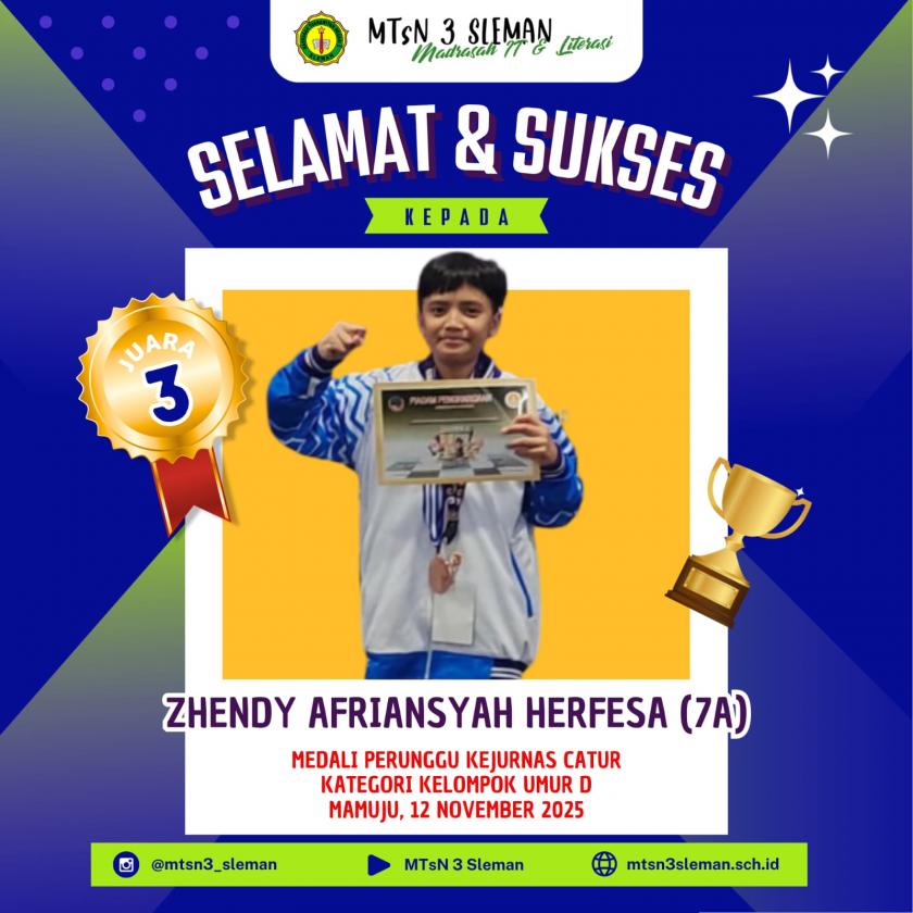 Zhendy Herfesa MTsN 3 Sleman, Sabet Medali Perunggu Kejurnas Catur Mamuju 