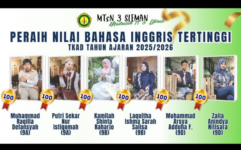 Kamilah Shinta Raharjo Raih Nilai Tertinggi Bahasa Inggris TKA di MTs N 3 Sleman