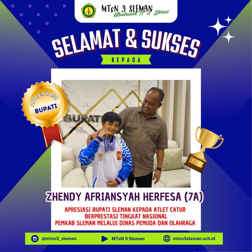 Atlet Catur Nasional Zhendy Herfesa Murid MTs N 3 Sleman, Terima Penghargaan dan Apresiasi Bupati Sleman