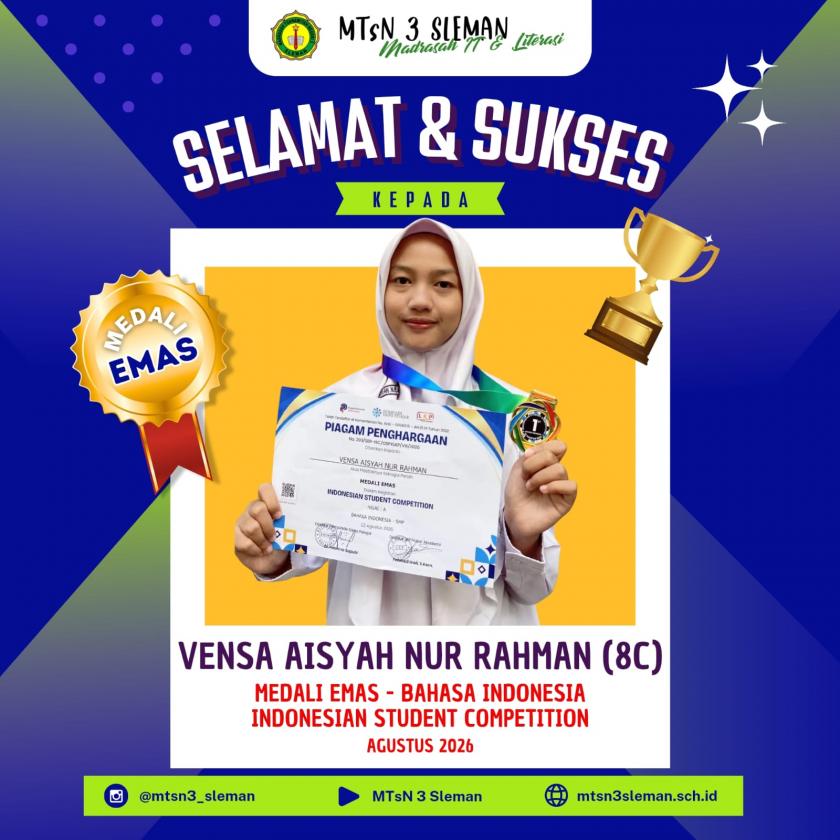 Siswi MTsN 3 Sleman Raih Medali Emas Bahasa Indonesia dalam Indonesian Student Competition