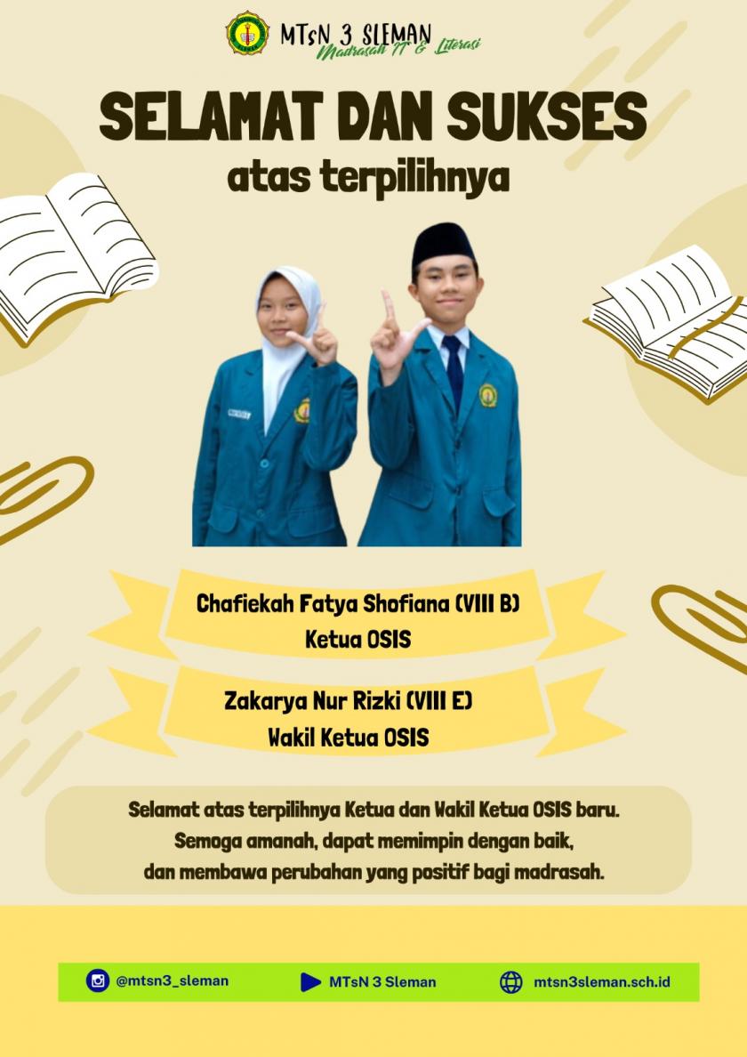 Fatya dan Zakarya Terpilih Menjadi Ketua dan Wakil Ketua OSIS MTs Negeri 3 Sleman Periode 2024/2025