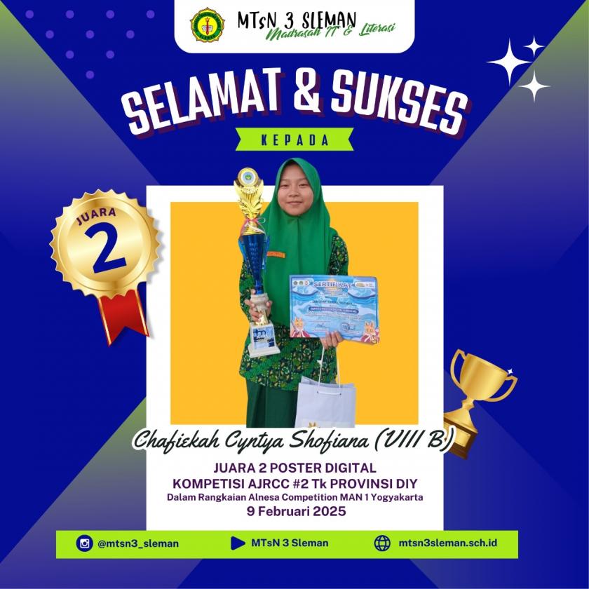 Chafiekhah Cyntya Shofiana, Siswa kelas VIIIB Sumbang Satu Medali untuk MTsN 3 Sleman