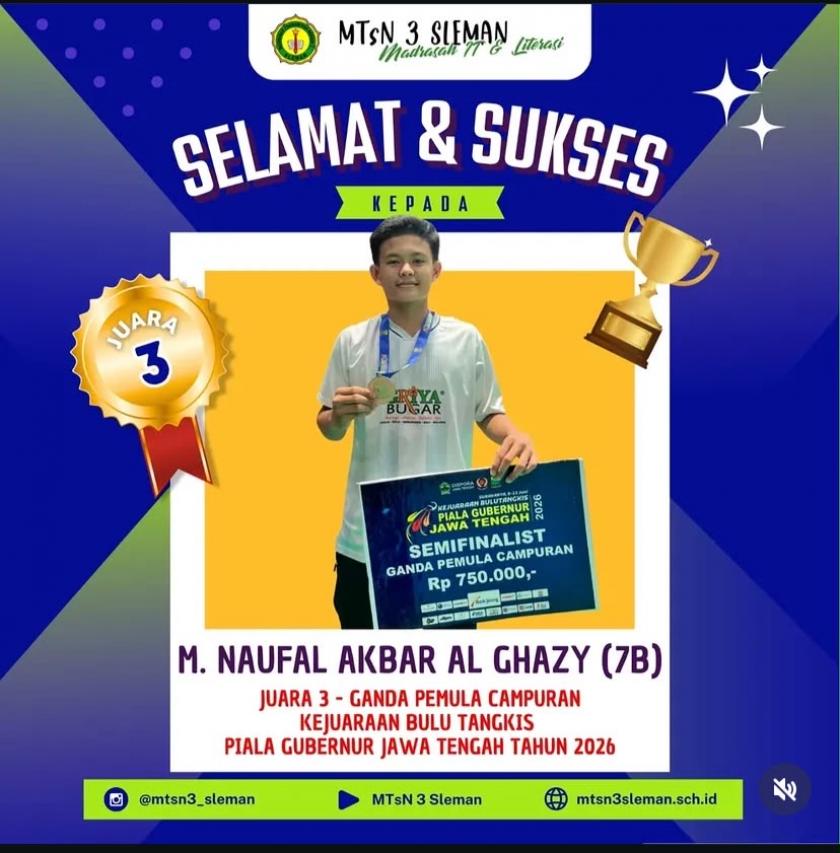 Harumkan Nama Madrasah, Muhammad Naufal Raih Juara 3 Kejuaraan Bulutangkis Piala Gubernur Jateng 2026