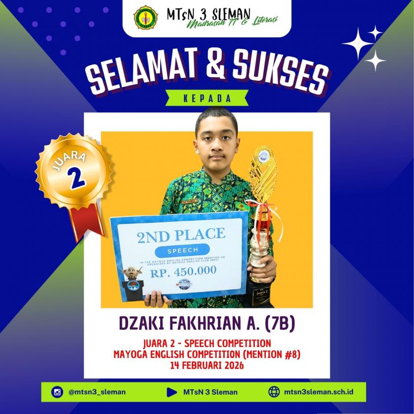 Suara Lantang, Prestasi Gemilang: Dzaki Raih Juara 2 Speech Competition Mayoga #8!
