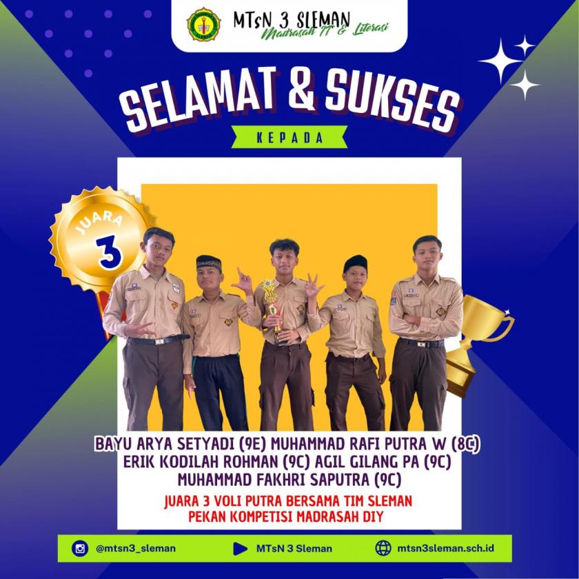 Tim Voli Putra MTs Negeri 3 Sleman Persembahkan Juara 3 di Ajang PKM DIY 2025
