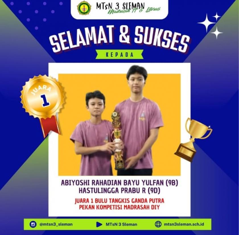 Juara 1 Bulutangkis Ganda Putra PKM 2025: Abiyoshi Rahadian dan Hastulingga Prabu dari MTsN 3 Sleman